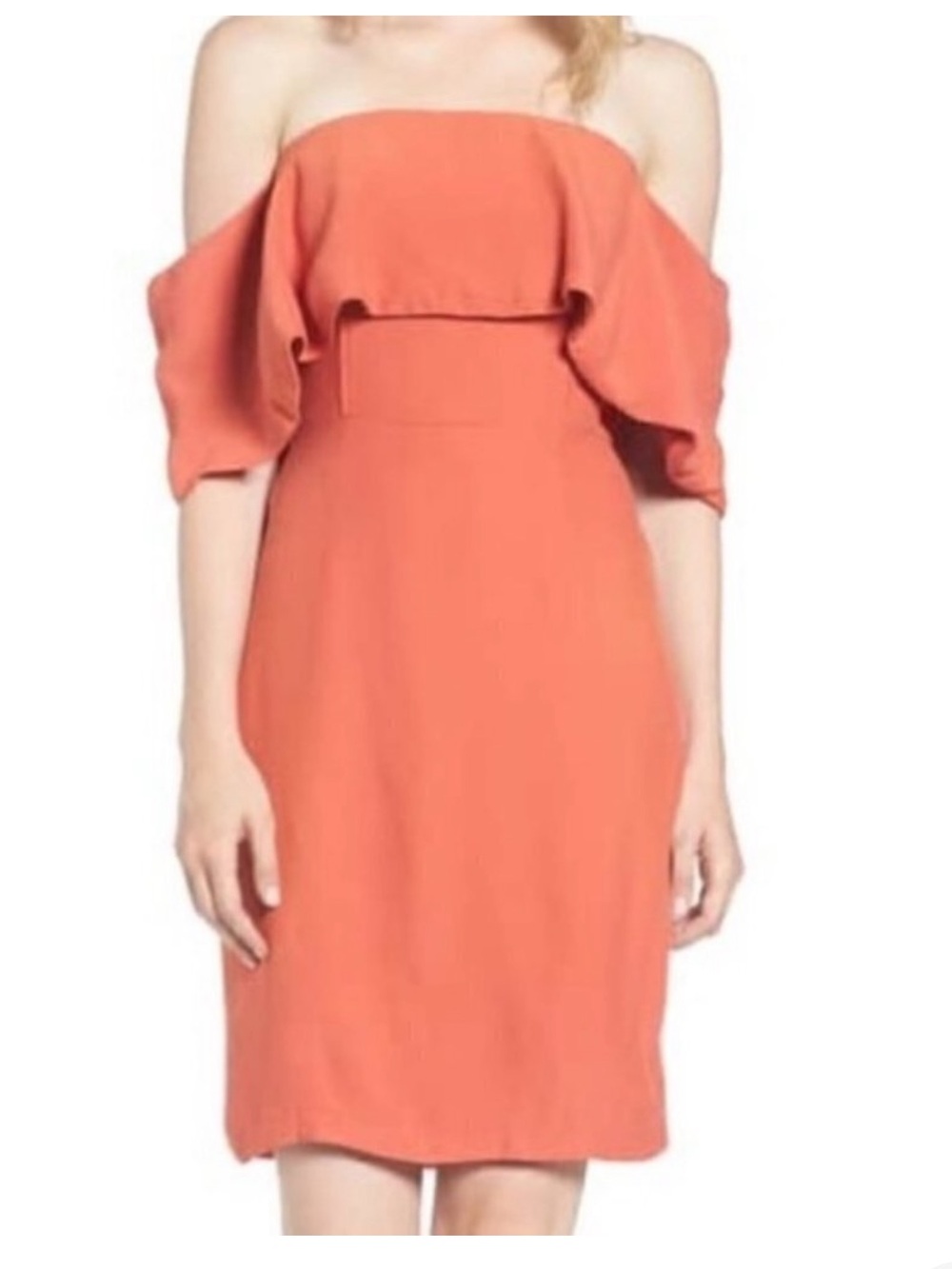 Cupcakes and Cashmere orange off-the-shoulder party dress features a bold, casca